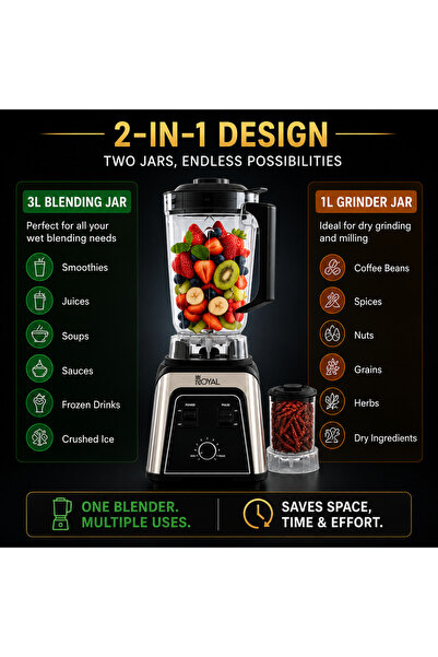 Royal Appliances خلاط رويال التجاري 2 في 1، محرك عالي السرعة 800 واط، أوعية 3 لتر + 1 لتر، شفرات من الفولاذ المقاوم للصدأ SS304، تحكم متغير في السرعة ووظيفة النبض RA-CTB2015
