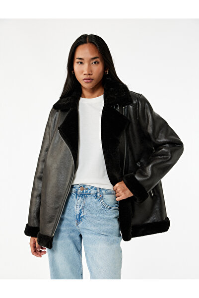 Koton Long Faux Leather Biker Jacket with Plush Lining Inside Long Sleeves Zi...