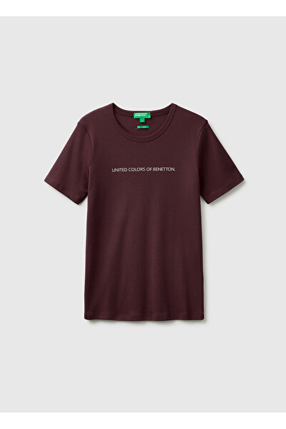 United Colors of Benetton تيشيرت نسائي بني 100% قطن مع طباعة شعار وياقة دائرية