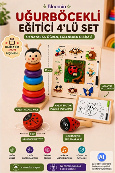 Bloomin 4-Piece Wooden Ladybug Educational Set - Yoyo Marakas Tahta&Bultak Ma...