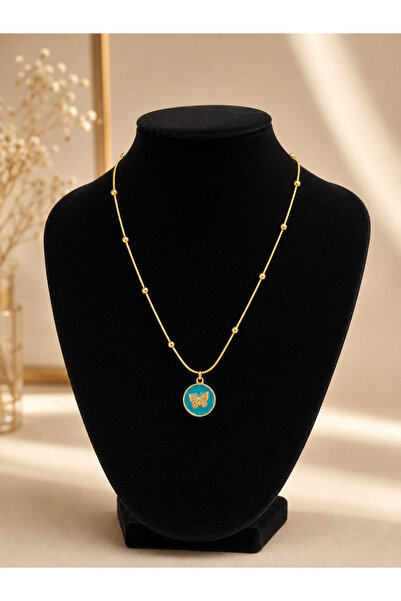 bity thok Women's Gold Color Chain Necklace with Green Circular Pendant Design