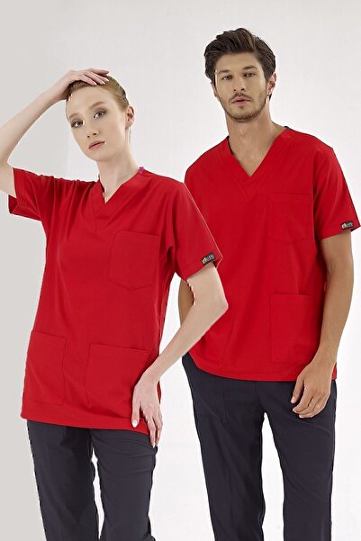 ÇİZGİ MEDİKAL Red Luxury Lycra Doctor Nurse Single Top Jersey (High Quality L...