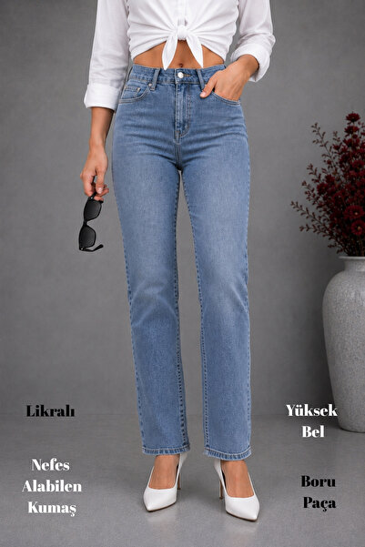 CEDY DENIM Kadın Boru Paça Yüksek Bel Regular Fit Likralı Pantolon-C607-A.mavi