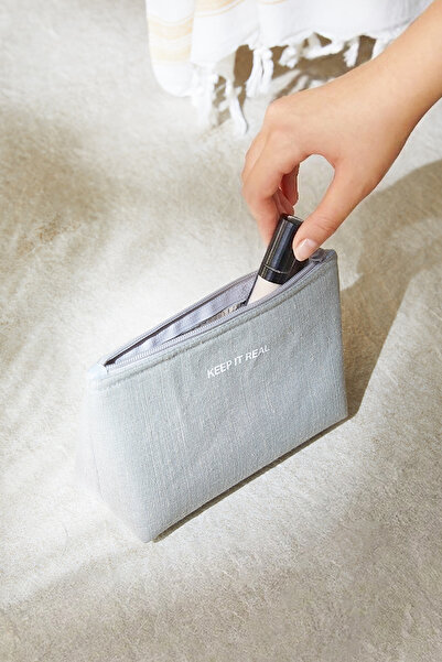 Ocean Home Textile 2 Adet Termal Astarlı Su İtici Leke Tutmaz Gri Jüt Keten Makyaj İlaç Çantası Seti 19x13x7/23x16x7