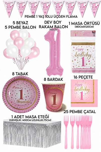 Parti dolabı 1 Year Old Girl Birthday Party Set for 8 Persons with Pink Numbe...