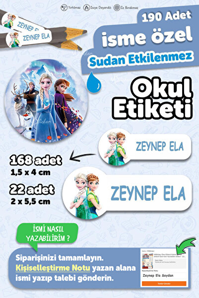MSticker Okul Etiketi Kalem Defter isimli Etiket Isim Yazılabilen Prenses Tem...