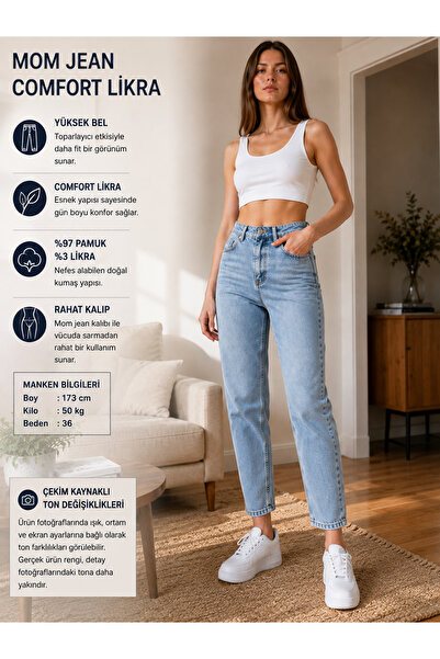 geenz manifacture Ngbutika Light Blue Stretch Fabric High-Rise Mom Jeans Blue...