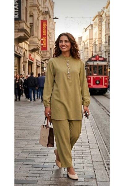 Puane 26Y14422 TAKIM TUNİK PANTOLON BONCUK İŞLEMELİ MODAL KUMAŞ OLİVE