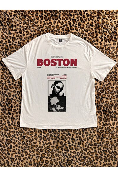 chaygoy Kadın Relaxed Fit Beyaz Tişört Boston Classy Ön Baskılı %100 Pamuk