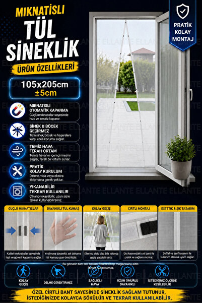 ellante Mıknatıslı Tül Sineklik 105x205 cm ±5 cm Kapı Sinekliği | Otomatik Ka...