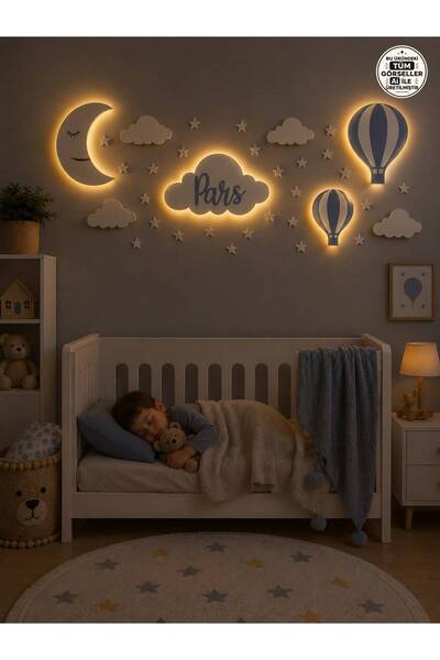 Windly Concept Kişiye Özel LED Işıklı Bulut İsimlik Ay Balon Bebek Odası Duva...