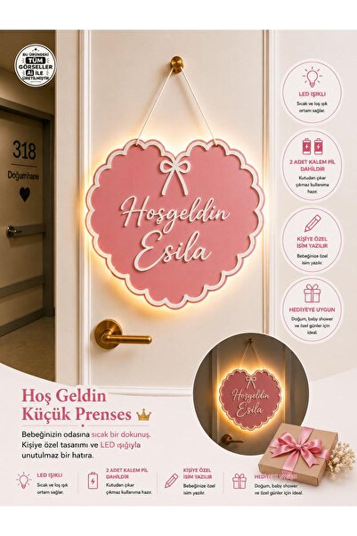 Kişiye Özel LED Işıklı Bebek Kapı Süsü Hoşgeldin Bebek Hastane Odası Süsü İsim Yazılı
