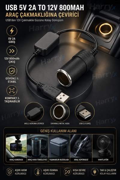 harry Çakmaklık Fişi Çevirici Çakmak Dönüştürücü USB 2.0 5 Volt 2 Amper To 12...