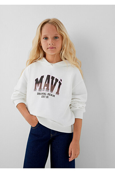 Mavi Logo Baskılı Kapüşonlu Ekru Sweatshirt 7S10179-70057