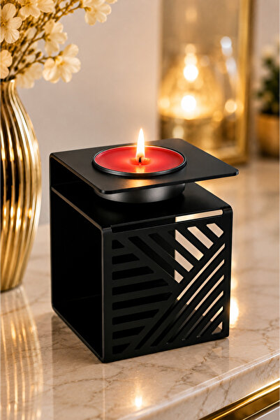 VENON METAL SİYAH Mumluk – Geometrik Desenli Siyah Modern Dekoratif Mumluk Te...