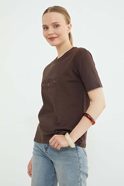Fulla Moda Sequin Teddy Bear Embroidered Crew Neck T-Shirt