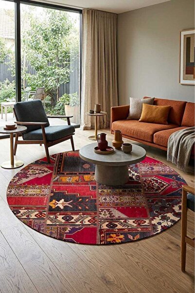 Frenda Patchwork Desenli Yıkanabilir Pamuk Taban Dijital Baskılı Yuvarlak Hal...