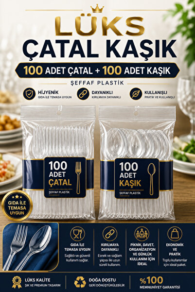YOK YOK AMBALAJ Plastik Lüx Çatal Lüx Kaşık Seti 100 Adet Şeffaf Renk