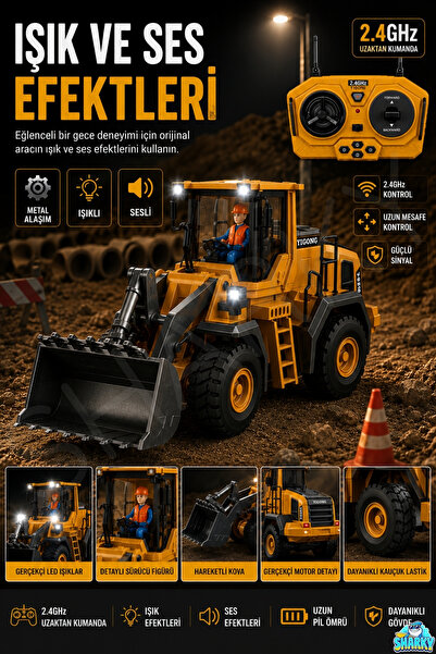 SHARKY Oyuncak 2.4GHz Uzaktan Kumandalı Şarjlı 9 Kanallı Buldozer Sesli Işıkl...