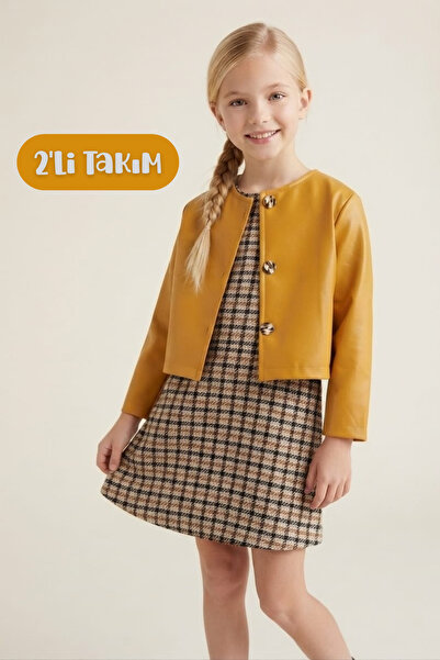 Hilal Akıncı Kids Girl's Yellow Patent Leather Jacket Houndstooth Patterned D...