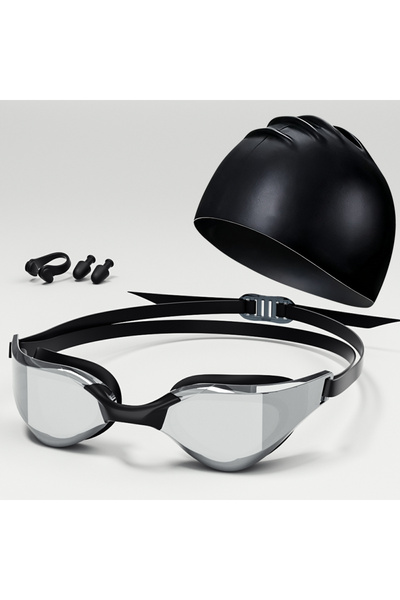 Choice Glossy Black Swimming goggles with nose clip, earplugs, and swim cap，P...
