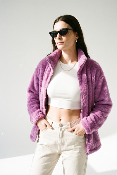 Purpleclo Women's Oversize Zippered Teddy Plush Cardigan