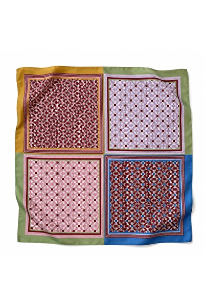 Axesoire 13945 Etnik Desenli Safran Yeşil Saten Bandana Fular 50x50 cm