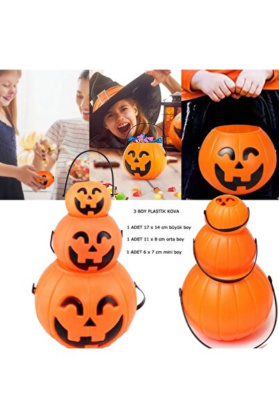partidolu Halloween Saplı Balkabağı Plastik Şeker Toplama Kovası 3 Boy 3 Adet