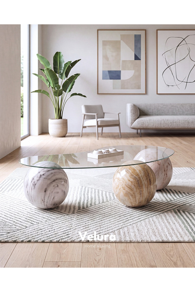 Velura Home & Living Top Sehpa & Küre Cam Orta Sehpa - Beyaz & Krem & Travert...