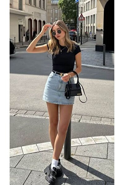 Perryes Women's Washable Jean Mini Skirt Blue