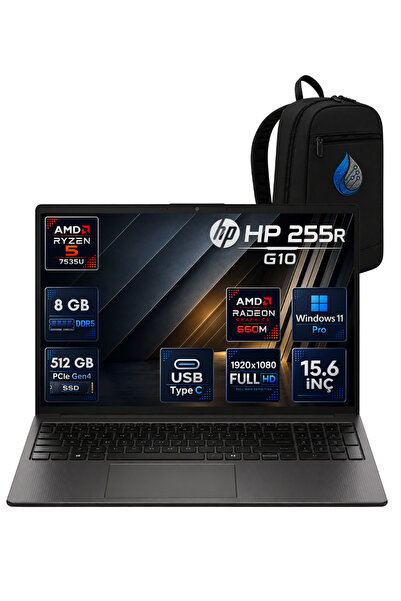 HP 255R G10 AMD Ryzen 5 7535U 8 GB DDR5 512 GB SSD Radeon 660M 15.6'' Full HD Windows 11 Pro Dizüstü