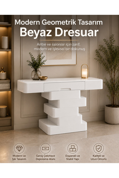 ÖZGÜ MOBİLYA İNEGÖL Modern Geometrik Tasarım Çekmeceli Beyaz Dresuar - Özel T...