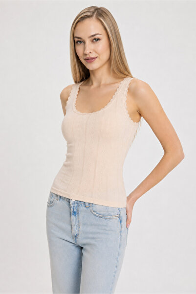 Cotpark Women's 100% Cotton Ribbed Lace Detailed Undershirt 3095 - Salmon