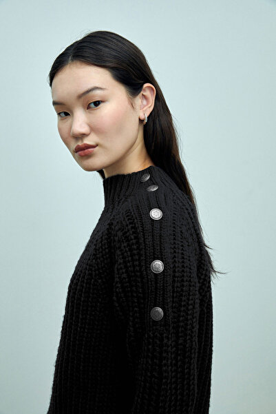 W Collection LACİVERT OMUZU DÜĞME DETAYLI OVERSIZE TRİKO
