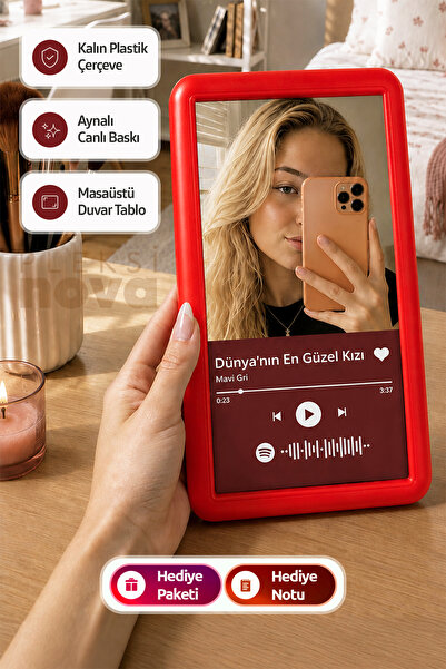 Dünyanın En Güzel Kızı Aynalı Tablo Sevgiliye Hediye Anlamlı Hediye Aynalı Spotify kodlu Makyaj Tablosu - Kırmızı