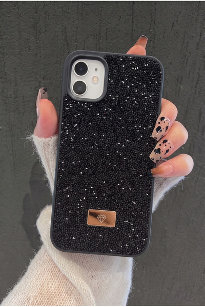 KVK PRİVACY iPhone 12 / 12 Pro Uyumlu – Elmas Tasarımlı, Siyah Taşlı, Işıltıl...