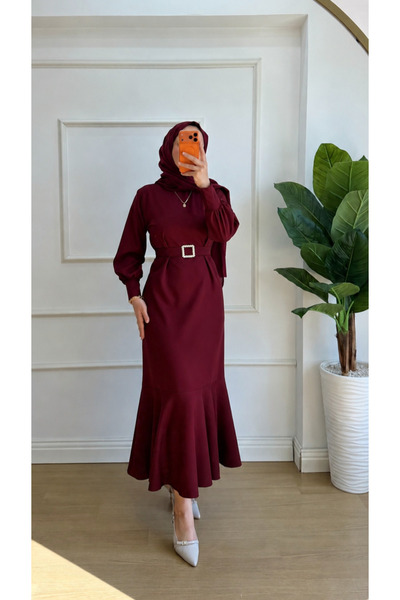 Nisa Nalbantoğlu Burgundy Stone Belted Crepe Event Dress (with Zipper at the ...