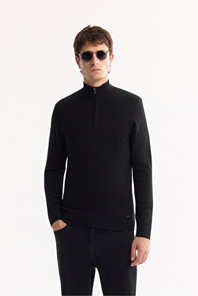 Avva Men's Black Stand Collar Zippered Soft Touch Striped Knitwear Regular Fi...