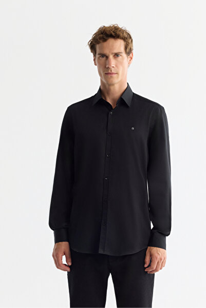 Avva Erkek Siyah Klasik Yaka %100 Pamuk Saten Kolay Ütülenen Slim Fit Gömlek ...