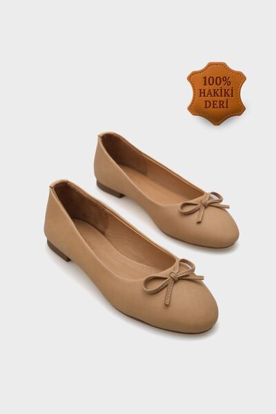 Capone Outfitters Genuine Leather Bow Round Toe Women's Ballerinas