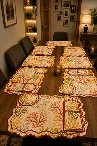 Çeyiz Diyarı Dalım Linen Embroidered American Dinner Set 19 Pieces Red
