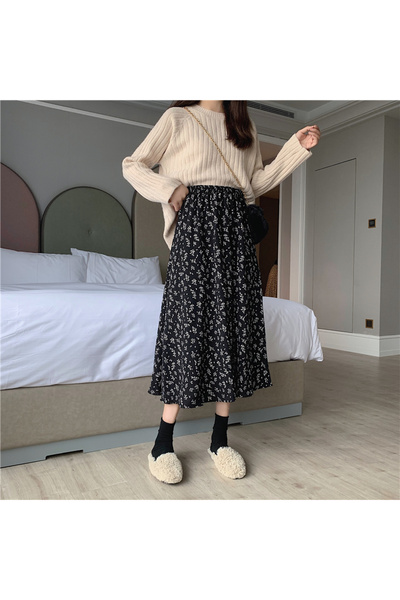 Choice One Size Black floral Vintage Floral Print A-line Pleated Long Skirts ...