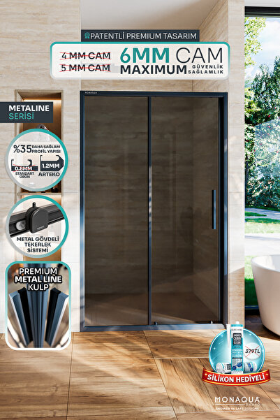 MONAQUA Arteko Metaline 1 Sabit 1 Kayar Duşakabin - Antrasit Profil 6 mm Temp...