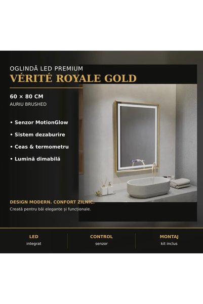 OEM Oglindă Verite Royale Gold cu LED 60x80 cm – MotionGlow, Dezaburitor, Cea...