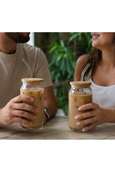 A A Company 2'li Isıya Dayanıklı Cam Pipetli Bambu Kapaklı Bubble Tea ve Kahv...