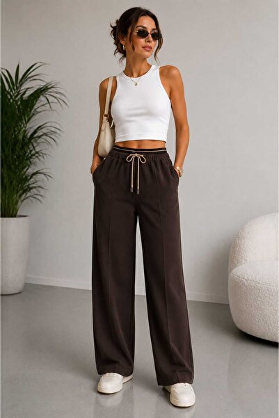 Canbeg Tekstil Women's Elastic Waist Drawstring Palazzo Trousers