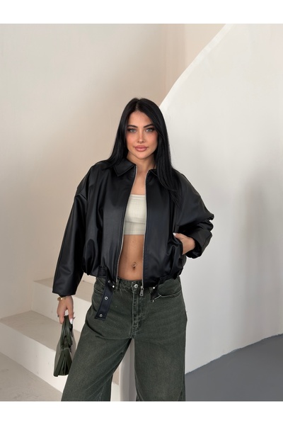 VESS MODA İçi Peluş Detaylı Kemerli Deri Ceket İçi Siyah Kürk