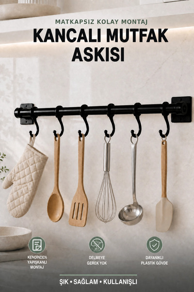 risingmaber Siyah Yapışkanlı Plastik 6 Kancalı Mutfak Askısı, Fincan ve Havlu...