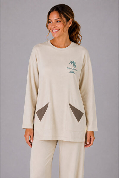Sortie Women's Pockets Leather Paneled Chest Printed Crew Neck Beige Tunic