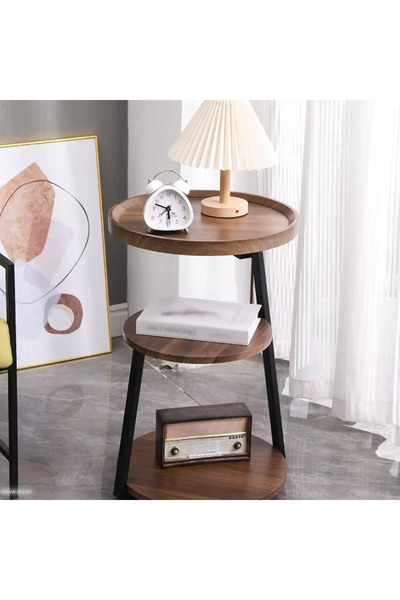 co arma 3-Tier Round Wooden Side Table with Metal Legs 60X40X40 cm